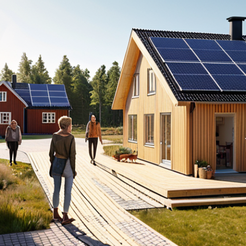 **Prompt:** A diverse group of people collaborating on a sustainable co-housing project in a sunny Swedish suburb, showcasing smart home technology and green building materials like wood and solar panels. Focus on community, eco-friendliness, and modern Scandinavian design. Style: realistic, warm lighting.
