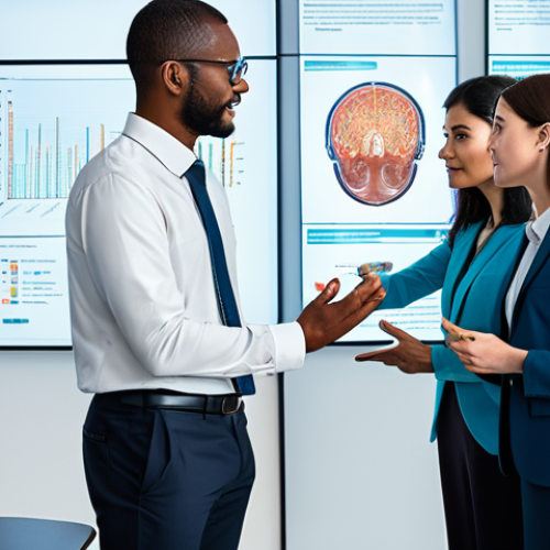 A diverse group of five professionals, two men and three women, from various fields including technology, ethics, and law, dressed in modest business attire, gathered around a large interactive holographic display in a modern, brightly lit collaborative office space. They are engaged in an earnest discussion about AI ethics and responsible development, pointing at complex data visualizations on the transparent screen. The atmosphere is professional and thoughtful, emphasizing interdisciplinary cooperation. The image features perfect anatomy, correct proportions, natural poses, well-formed hands, and proper finger count. Professional photography, high quality, safe for work, appropriate content, fully clothed, modest, family-friendly.