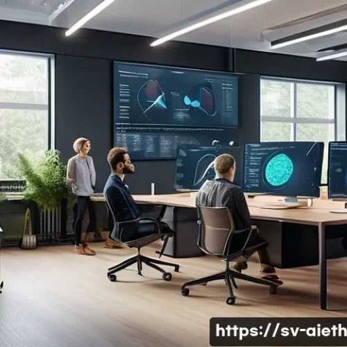 AI 윤리와 AI 사용 가이드 - A modern Scandinavian office environment showcasing a diverse team of AI developers and ethicists en...