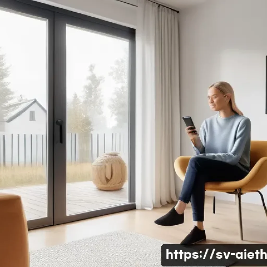 AI 윤리와 감시 사회 - A modern Scandinavian home interior with subtle AI technology elements integrated seamlessly: smart ...