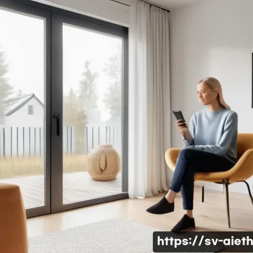 AI 윤리와 감시 사회 - A modern Scandinavian home interior with subtle AI technology elements integrated seamlessly: smart ...