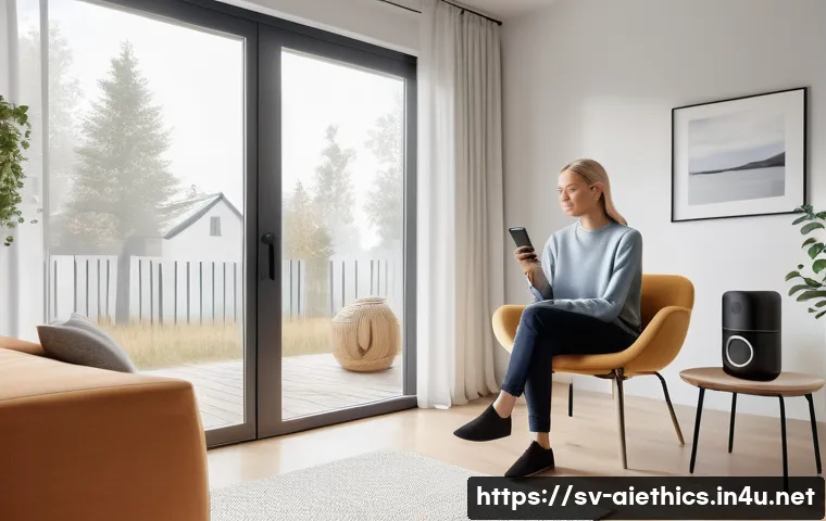 AI 윤리와 감시 사회 - A modern Scandinavian home interior with subtle AI technology elements integrated seamlessly: smart ...