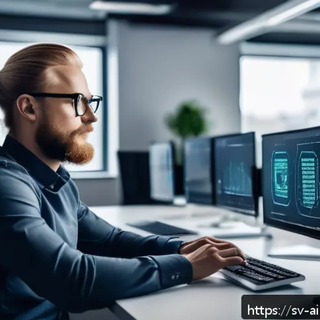 AI 윤리와 윤리적 해킹 - A professional ethical hacker in a modern Scandinavian office environment, wearing casual business a...