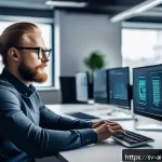 Home 18 AI 윤리와 윤리적 해킹 - A professional ethical hacker in a modern Scandinavian office environment, wearing casual business a...