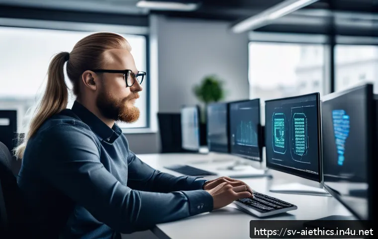 AI 윤리와 윤리적 해킹 - A professional ethical hacker in a modern Scandinavian office environment, wearing casual business a...