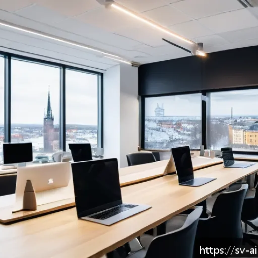 AI 윤리와 AI 윤리적 의사결정 - A modern Scandinavian tech office interior, bright and minimalist with large windows showing a snowy...