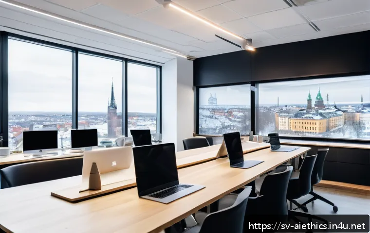 AI 윤리와 AI 윤리적 의사결정 - A modern Scandinavian tech office interior, bright and minimalist with large windows showing a snowy...