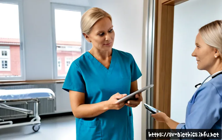 Home 30 AI 윤리와 의료 AI - Photorealistic Swedish hospital consultation room, compassionate middle-aged female doctor and elder...