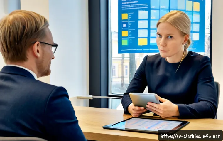 Home 17 AI 윤리와 AI 윤리적 AI 정부 정책 - Photorealistic Nordic government policy meeting in a bright Stockholm-style civic office, diverse Sw...